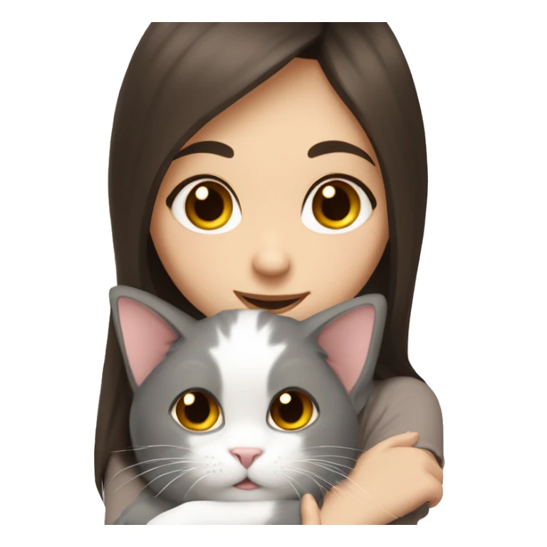 Brown-eyed brunette girl holds fluffy grey with white cat spots in cuddle sticker