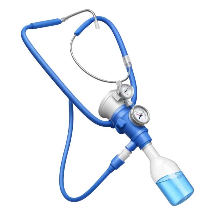 Blue VO2 max testing mouthpiece with breathing valve and tube, laboratory equipment isolated sticker