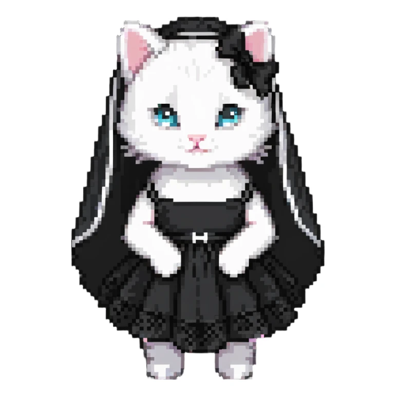 white baby cat wearing a black mini dress and black veil sticker