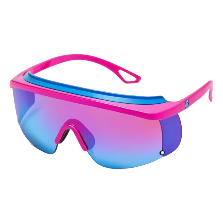 sporty neon hot pink shield visor sunglasses with extra thick frame and integrated strap, heavy-duty build, one-piece mirrored lens with blue reflection sticker