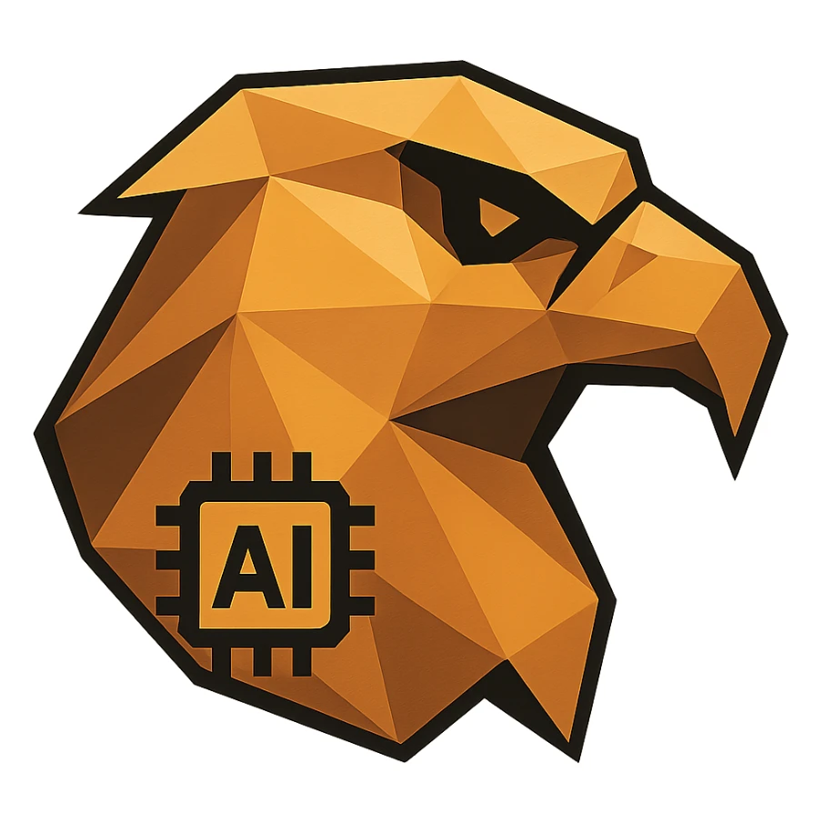 Update the mini icon version of the polygonal eagle head to feature a different AI symbol. Replace the neural network or speech bubble with a subtle AI chip or circuit board motif integrated into the eagle design, keeping the background fully transparent. Maintain the modern and intelligent polygonal style. sticker