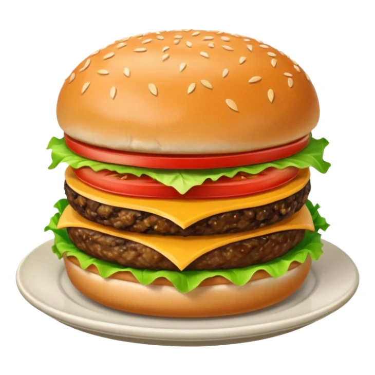 Draw a hamburger on a plate using a front camera with an 80-degree angle from the ground, ensuring the object remains stationary without rotation or tilt. sticker