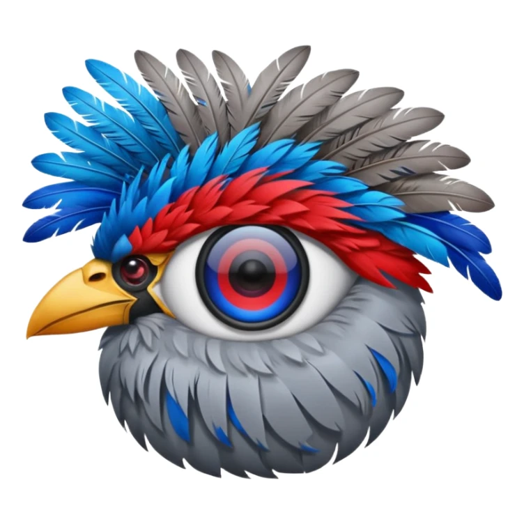 grey eye piece with red and blue feathers sticker