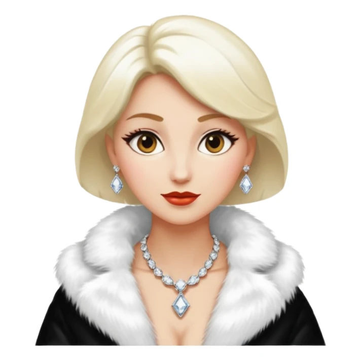 * Character: A stylish lady
* ﻿﻿Clothing: A luxurious white fur coat
* ﻿﻿Accessories: A dazzling diamond necklace
* ﻿﻿Expression: Confident, elegant, maybe slightly glamorous
* ﻿﻿Pose: Head slightly tilted or a poised posture
* ﻿﻿Style: Emoji-like, simple but expressive sticker