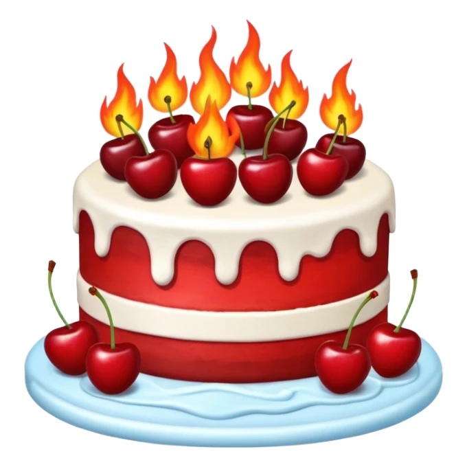 CAKE on fire, and fire behind it as well. cherries on the cake sticker