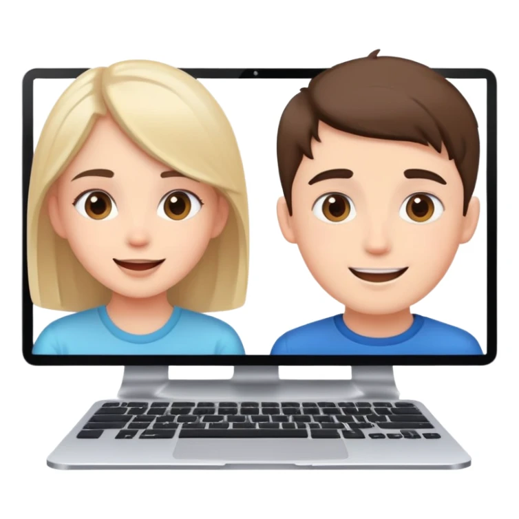 boy and girl on a video call, computer screens with faces, happy conversation sticker