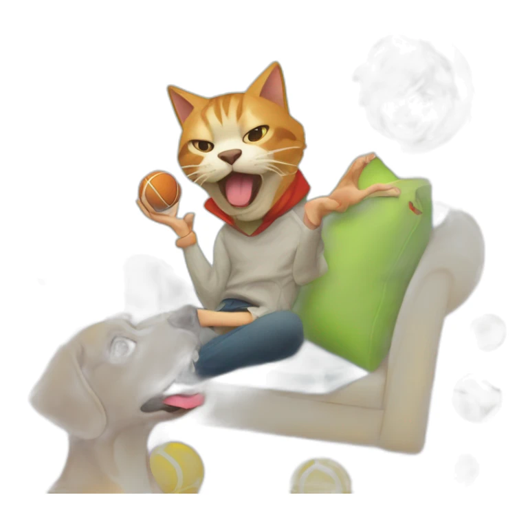 Generate a sticker of a playful scene featuring a cat lying on a cushion and a dog holding a toy in its mouth, while a young man holding a tennis ball observes in the background. sticker