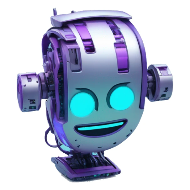 Smily face robotic scanning device, cyberpunk, cyan and purple colors, friendly, futuristic, binary code sticker