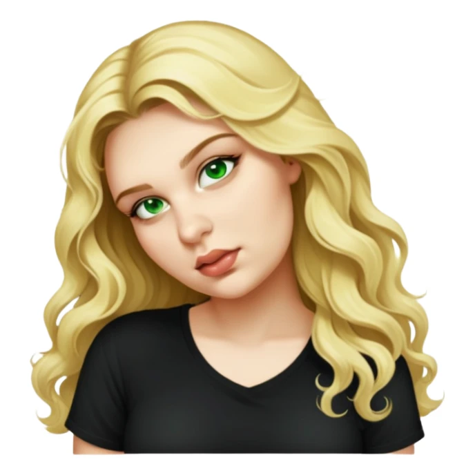 female, long wavy blonde hair, wearing black tshirt sticker