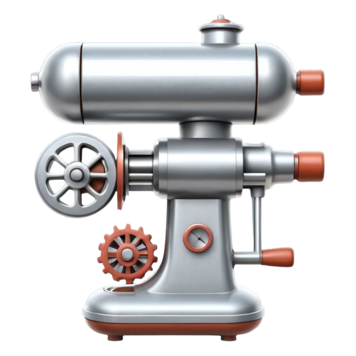 sausage-processing droid. retro-futuristic style. top is a circular industrial meat grinder with rotating gears and blades. Two robotic arms feed material into grinder. Sausage links extrude from the rear like  factory. The body is metallic, compact, and floats above the ground.no legs. Dark humor sticker