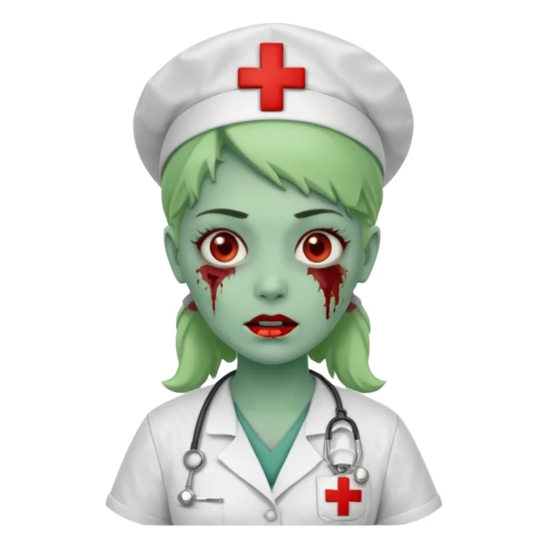 Zombie nurse in scrubs, red cross hat, green skin sticker