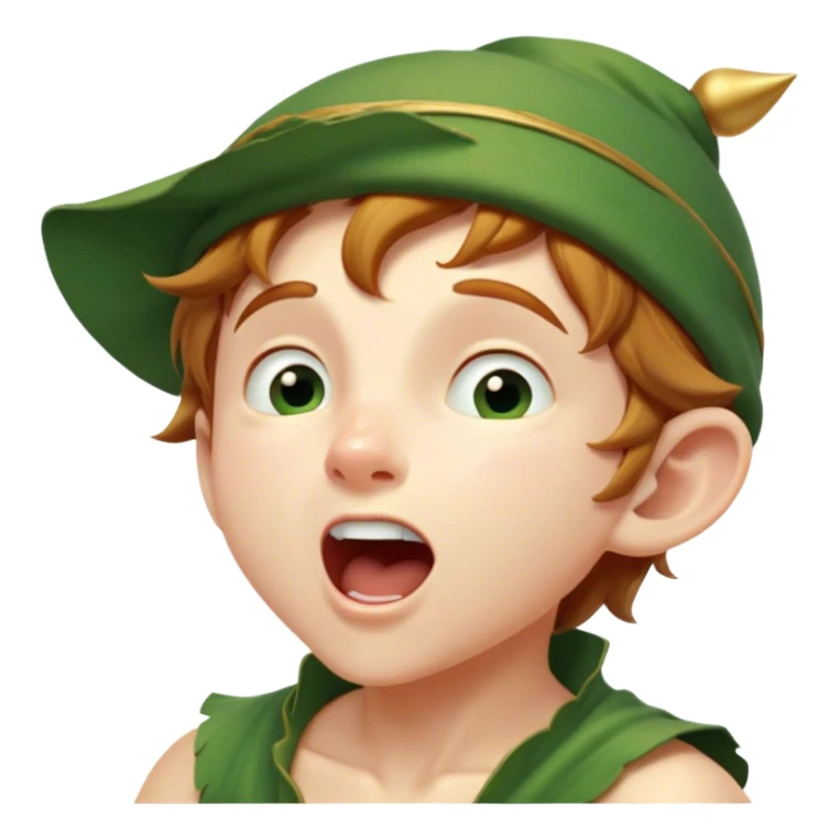 Cinematic Realistic Peter Pan Portrait, head tilted slightly with a dramatic, wide-open yawn, revealing a relaxed yet spirited expression. His detailed tunic and cap, paired with a gentle, ambient glow, capture a tender moment of vulnerability amidst his eternal quest for adventure. sticker