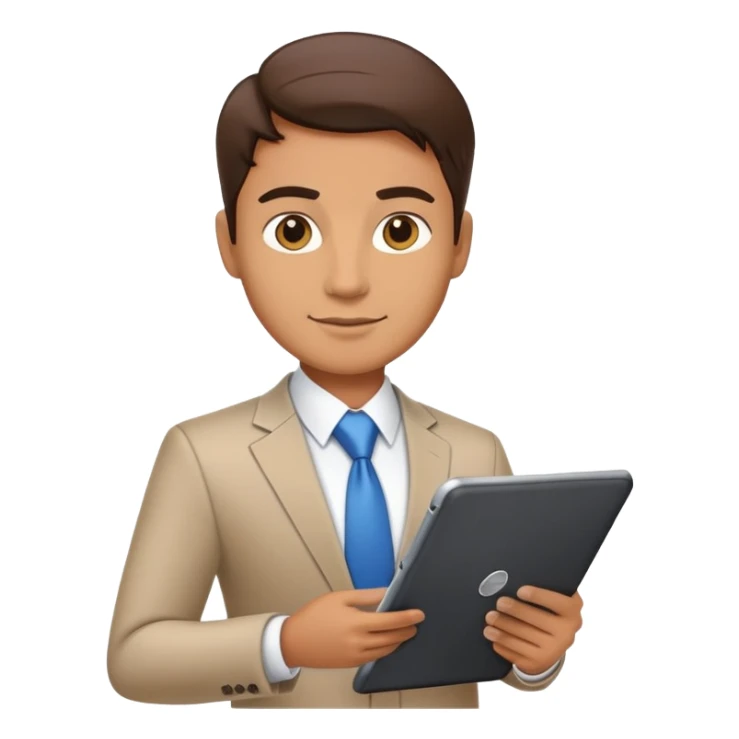 business executive confidently, holding a digital tablet or folder. The character wears smart business attire sticker
