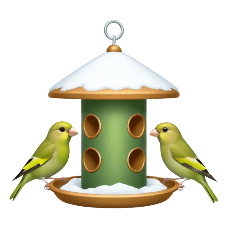 3 Green finch feeding on a bird feeder in the snow sticker