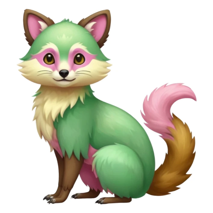 Colorful brown with rose-pink, yellow-beige-cream, jade-green tropical exotic shiny beautiful fantasy-Vernid-Cacomistle-animal-Fakémon-hybrid-fursona (full body) sticker