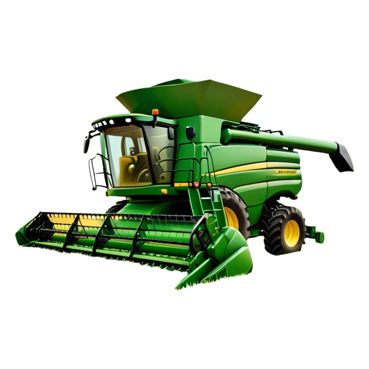John Deere S780 (2021) – Cinematic-realistic John Deere S780 combine harvester, its bold green frame towering over golden wheat fields. The powerful header swallows crops effortlessly as grain fills the tank, while the setting sun casts a warm glow over the vast farmland. sticker