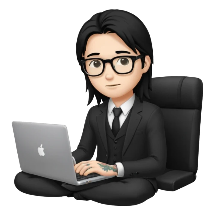 a young man with long black hair, with formal cloth, wearing glasses sitting with a laptop, tattoo inyout arms sticker