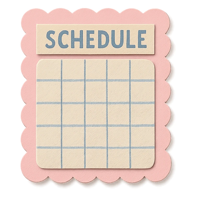 soft pastel minimal daily schedule grid with cute borders, with a pink scalloped border sticker