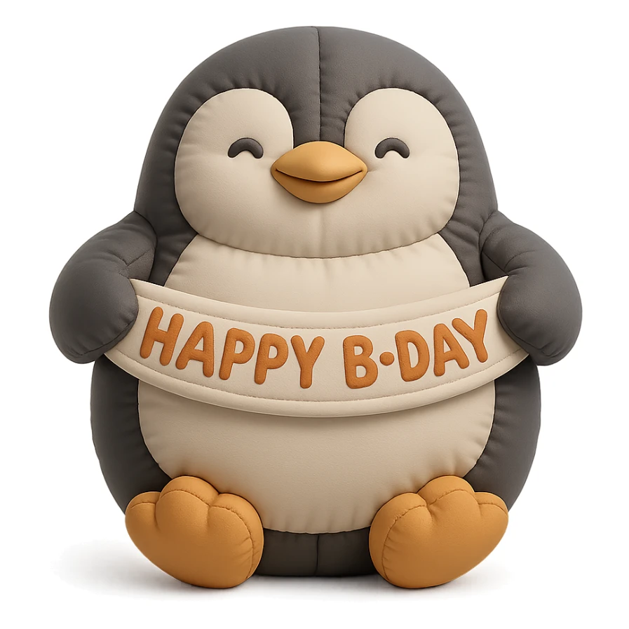smiling penguin holding 'Happy B-Day' banner, cushion style sticker
