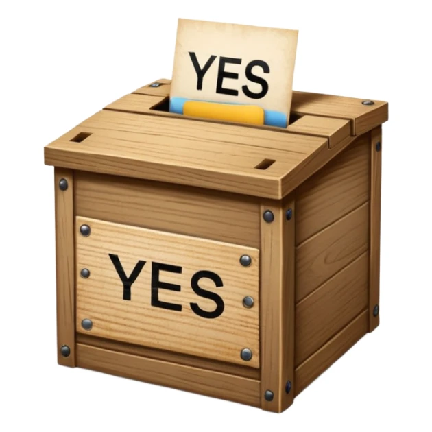 Vote box with "yes but" aber' written on the front and paper entering the top slot sticker