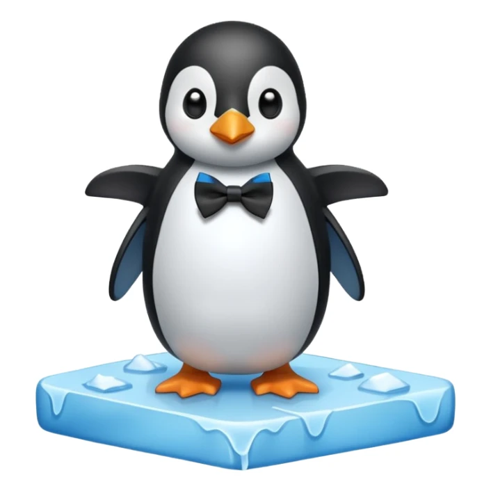 penguin, black bow tie, standing on small ice melting block sticker