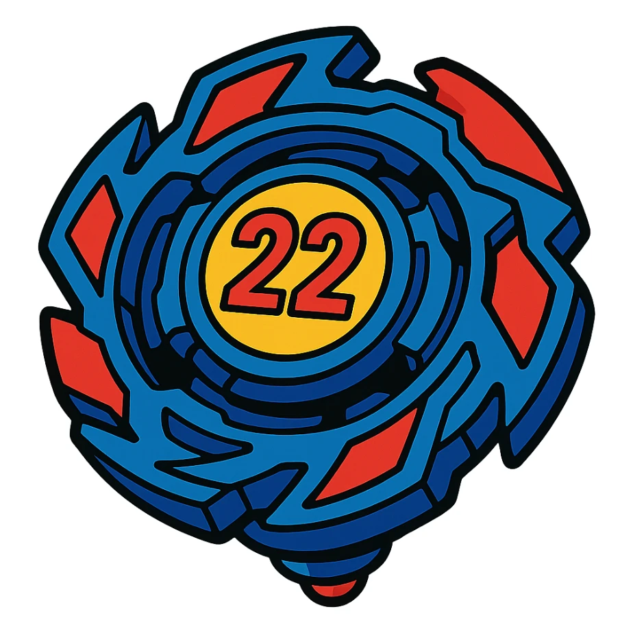 beyblade celeste y rojo con el número 22, vibrant cartoon illustration style sticker