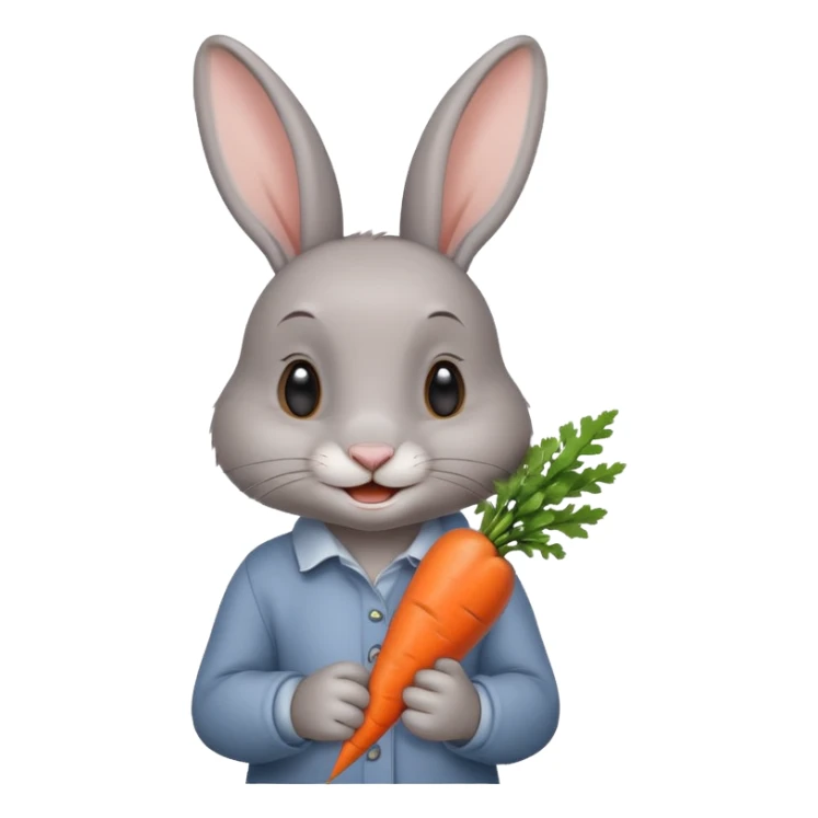 Gray rabbit holding carrot, cute smile, half body sticker