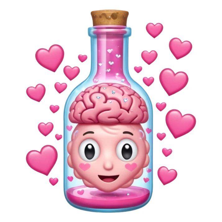 A cartoon brain inside a cute glass bottle with pink liquid, labeled “obsessed”, with hearts and sparkles swirling around. sticker