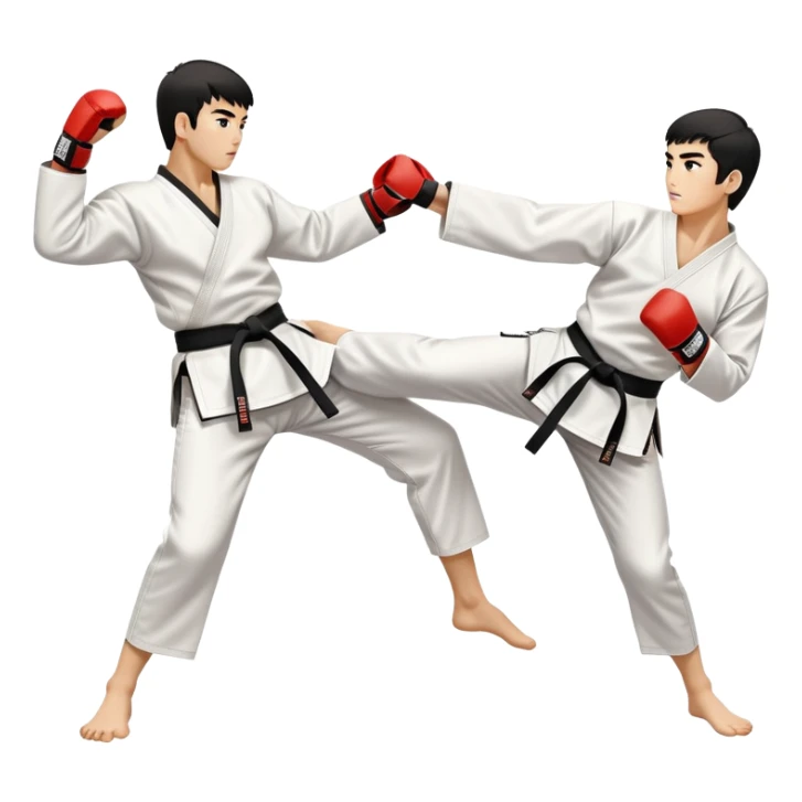 Two taekwondo fighters in traditional white doboks with black belts. One delivers a powerful kick to the opponent’s midsection, while the other expertly deflects the strike with a raised knee. The background features a professional arena with bright lights and excited spectators. sticker