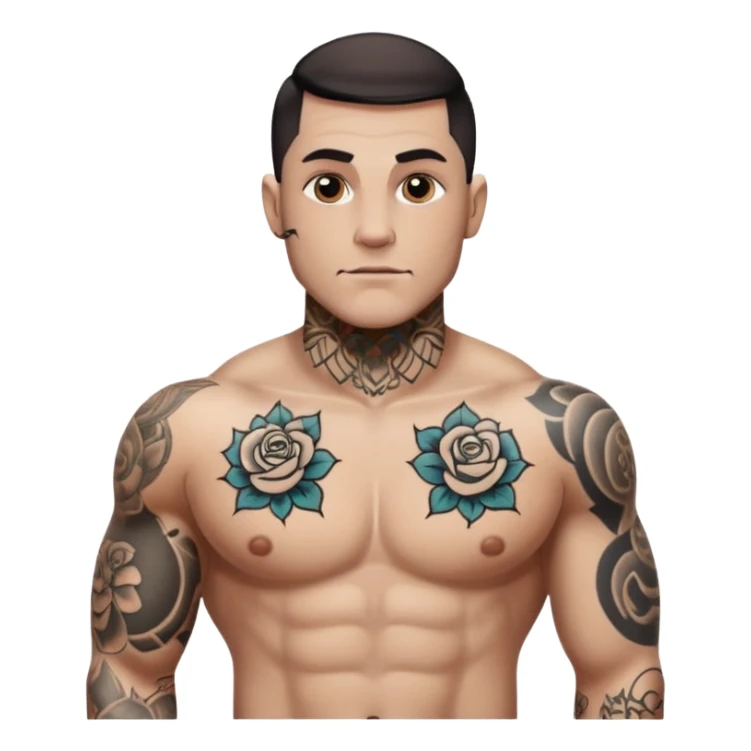 tattoo man, white skintone, more highlight the tattoo, body builder, heavy tattoos on fully chest, more tattoos on the body, more visible tattoo, big tattoos, tattoos on face. sticker