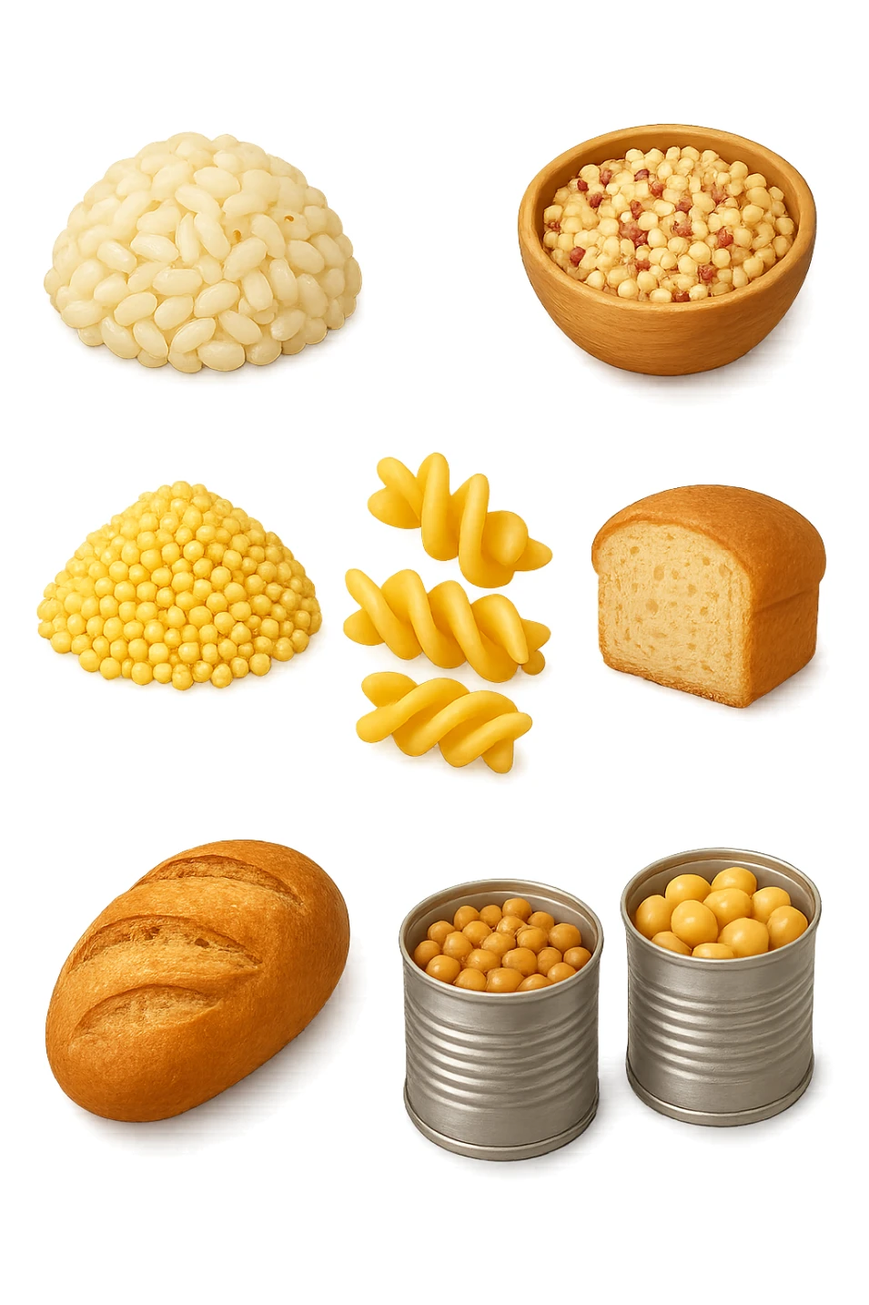 emoji stile iphone 3d di questi elementi che fluttuano in aria:

Riso, quinoa, avena, miglio, couscous senza glutine
Pasta e pane gluten-free
Farro a lievitazione lunga
Lenticchie e ceci in scatola

 che fluttuano in aria, iperealistico 4k sticker