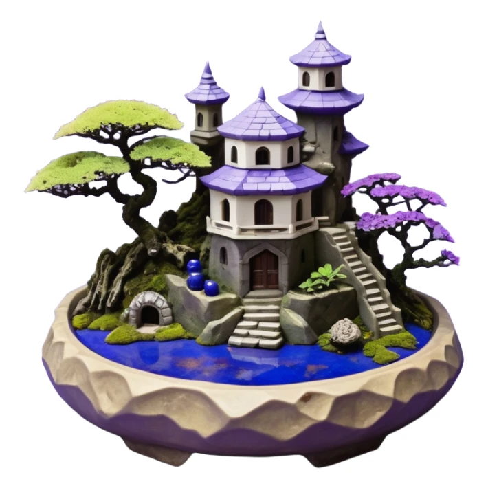  Ancient saucer-castle-house jungle winding trail mountainside getaway haunted nighttime landscape antique mudman very old broken cracked intricately detailed Stone Age lapis-crusted irregular dodecagon-shaped shallow dark moss rough bark violet flowered maple bonsai Saikei platter  sticker