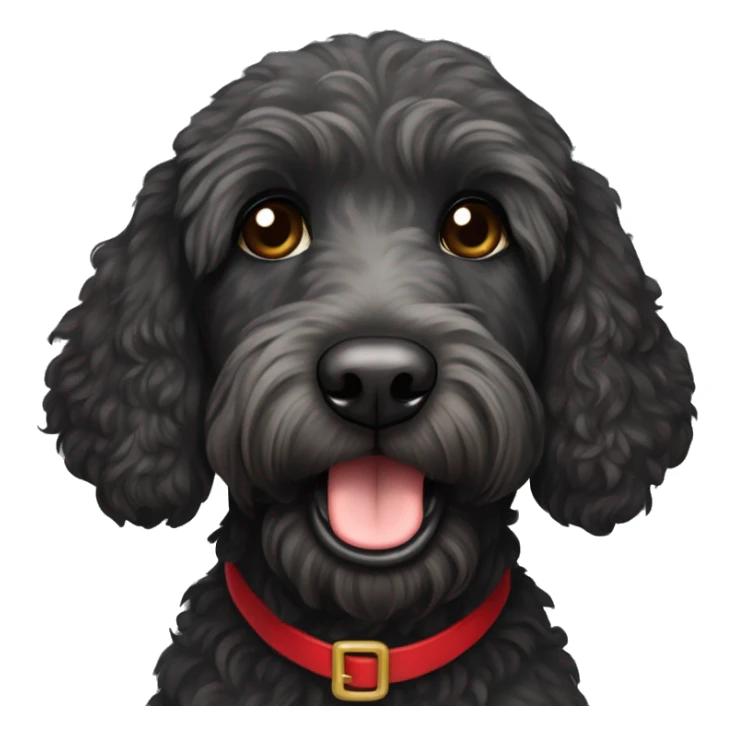 dark black labradoodle with brown eyes with a santa hat sticker
