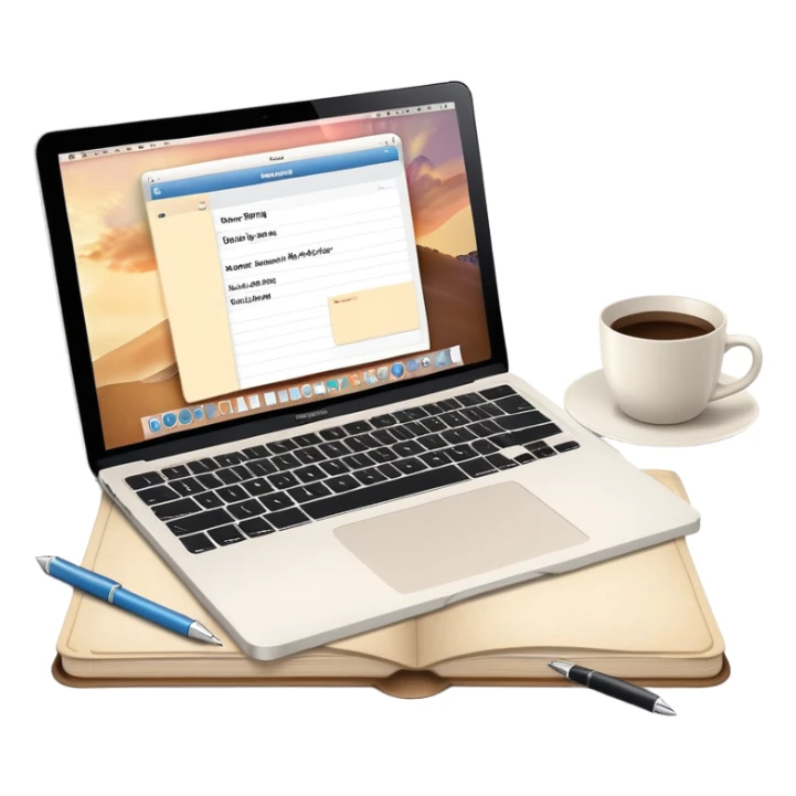 MacBook with booking app open beside vintage paper notebook and pen sticker