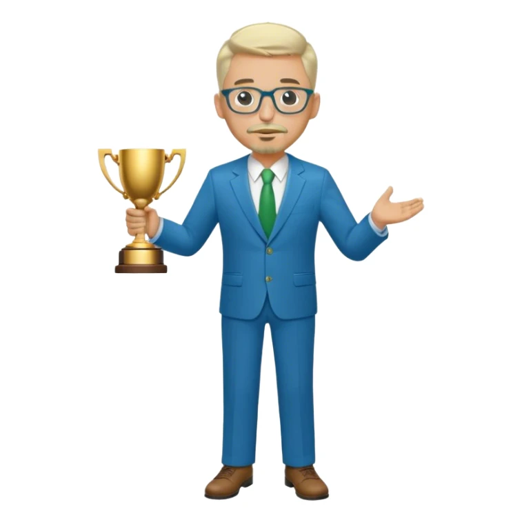 Full Body white  male medium size wearing glasses with a goatee with light blonde and gray very short hair basketball head Coach in blue and green suit holding trophy sticker