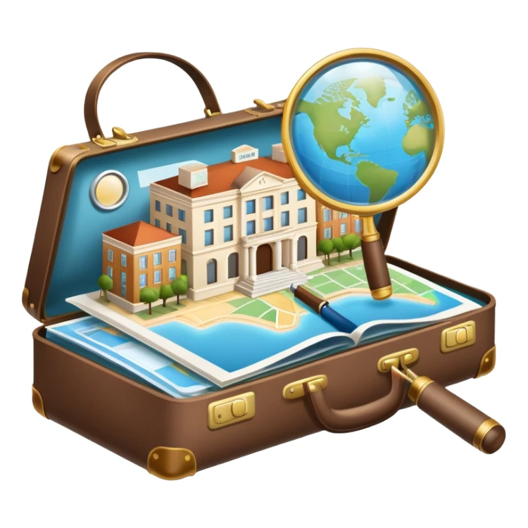 An icon featuring a suitcase, a hotel building, symbolizing the academic study of tourism and hospitality. The design includes a travel map and a magnifying glass, representing research into destinations and hospitality management. Transparent background sticker