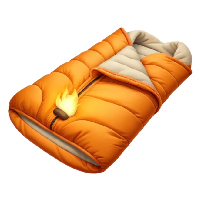 Cinematic Realistic Sleeping Bag, plush and slightly wrinkled, rich fabric texture catching the firelight, glowing with warmth and inviting coziness, nestled within a peaceful campsite. sticker