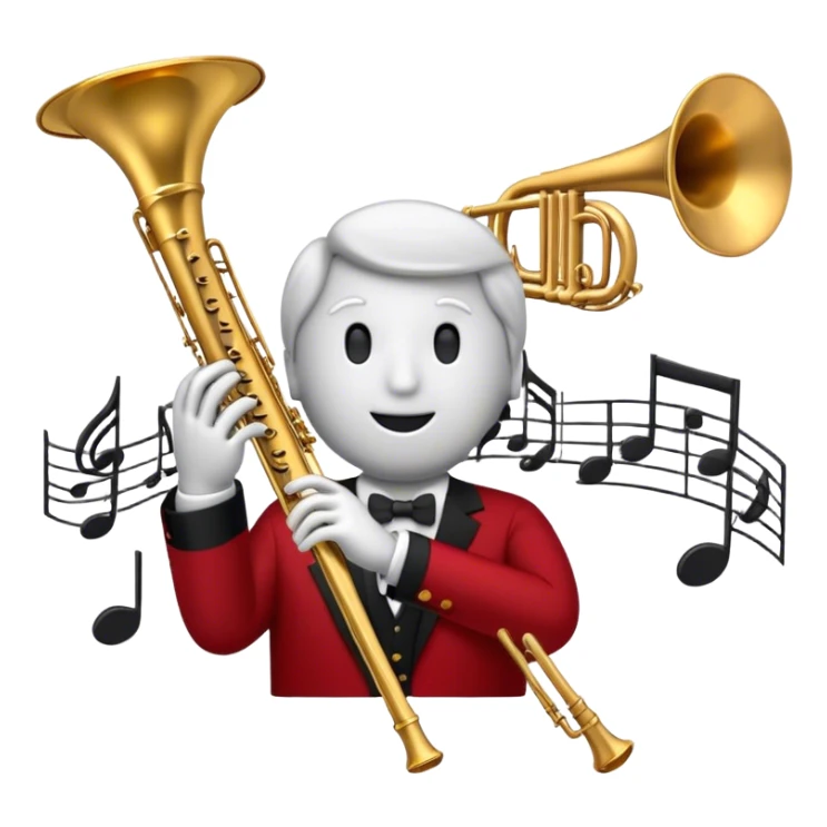 Create a sophisticated and elegant emoji that represents orchestration and arrangement. The design should feature a conductor’s baton, musical notes, and a symphonic score, symbolizing the process of arranging and orchestrating music. Incorporate instruments like a violin, trumpet, and piano keys subtly in the background, representing different sections of the orchestra. Use classical and refined colors such as gold, deep red, and black to evoke the grandeur and precision of orchestration. The background should be transparent. sticker