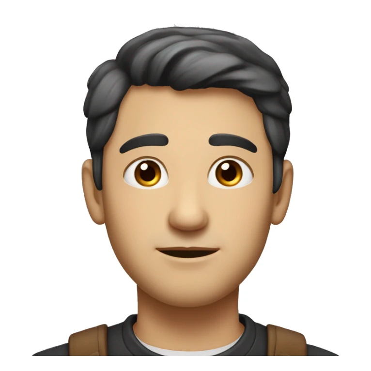 portrait of a man with an oval-shaped face and soft, balanced features. He has short dark hair, neatly styled upwards, and warm brown eyes with a friendly, slightly squinted expression. sticker