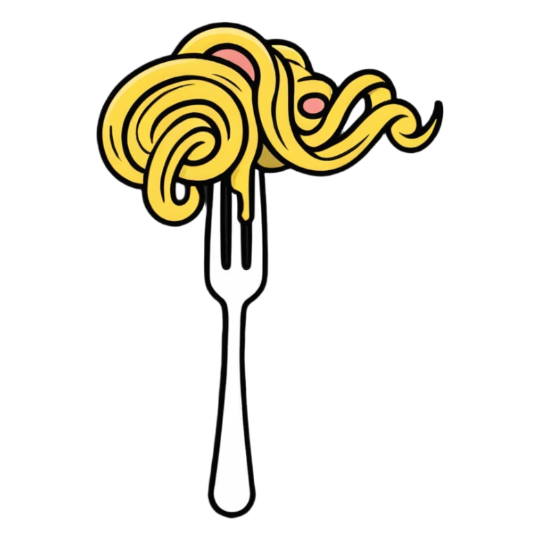 Fork with carbonara spaghetti twirled around it, isolated sticker
