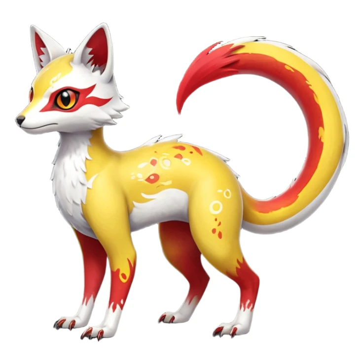  Hyper-realistic oily smooth silky soft White white with red gradients, and yellow, slit eyes, oriental intricate markings handsome cool edgy aesthetic colorful vibrant Vernid-Trico-species-Fakemon-creature by LiLaiRa, 4 legs, 1 tail, random markings, (full body) sticker