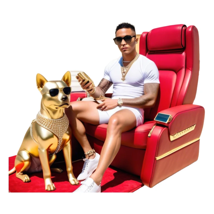  Celebrity Internet Marketer Known As Josh King Madrid, Designer Fit, 3 Diamond Tennis Chains, Golden Sparkle Private Jet Parked Behind Him, Seated On A Massive Gold Throne, Sunglasses On, Famous Instagram Bikini Model Tefi Valenzuela On His Lap, AI Robot Dog Next To His Spiky Diamond-Crusted Louboutin Red Bottoms. sticker