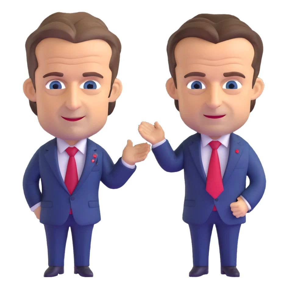 3D chibi caricature of Nicolas Sarkozy and Emmanuel Macron, standing together, oversized heads, small realistic bodies, navy suits, Sarkozy with blue tie, Macron with red tie, realistic faces, soft lighting sticker