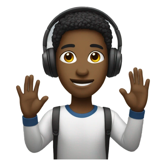 black student with headphones, one hand raised to ask a question sticker