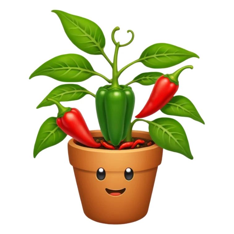 Potted green pepper plant with small chili peppers growing on it sticker