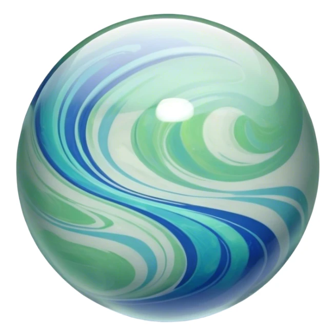 A single glass marble with a smooth, glossy surface. It is transparent with swirling blue and green patterns inside. The marble reflects light beautifully, creating subtle highlights and shadows. The background is softly blurred to emphasize the marble's intricate details sticker
