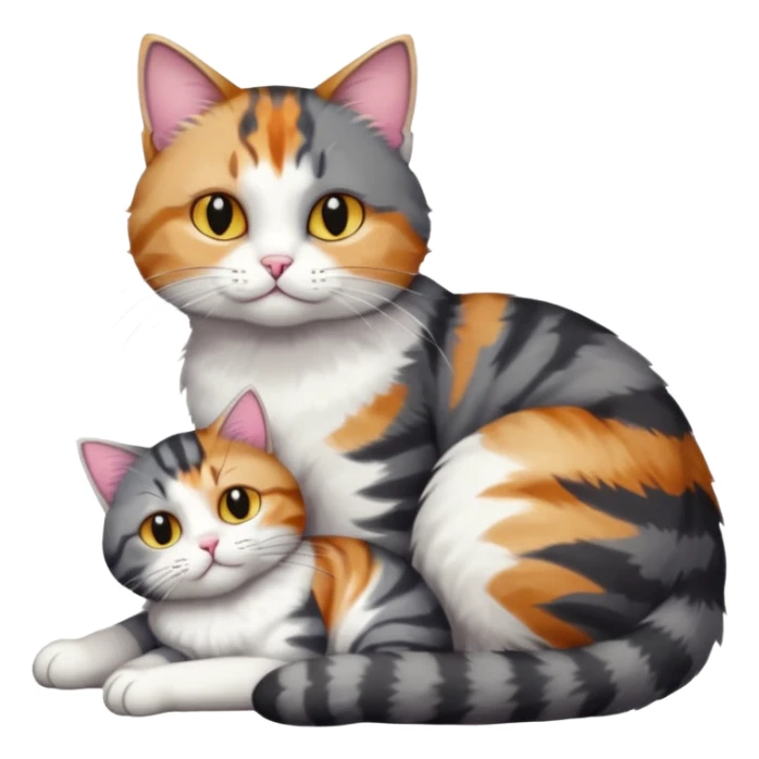 full body colourful light patched calico + white tabby cat cuddling a bigger cat that is dark grey and white tabby cat  sticker