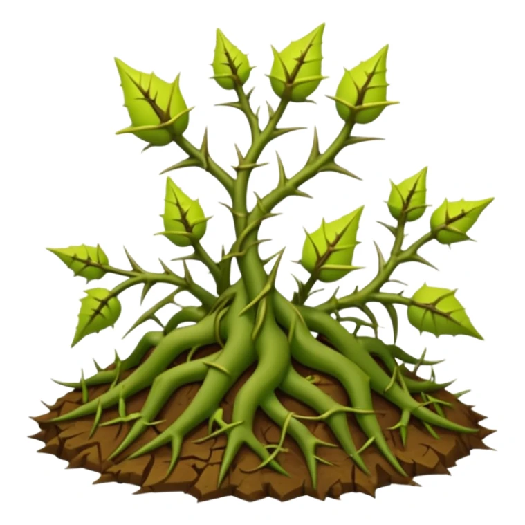green vines with thorns sprouting from the ground, 3D, extremely detailed, earthy color palette, yellow green and brown tones, filigree inspired sticker