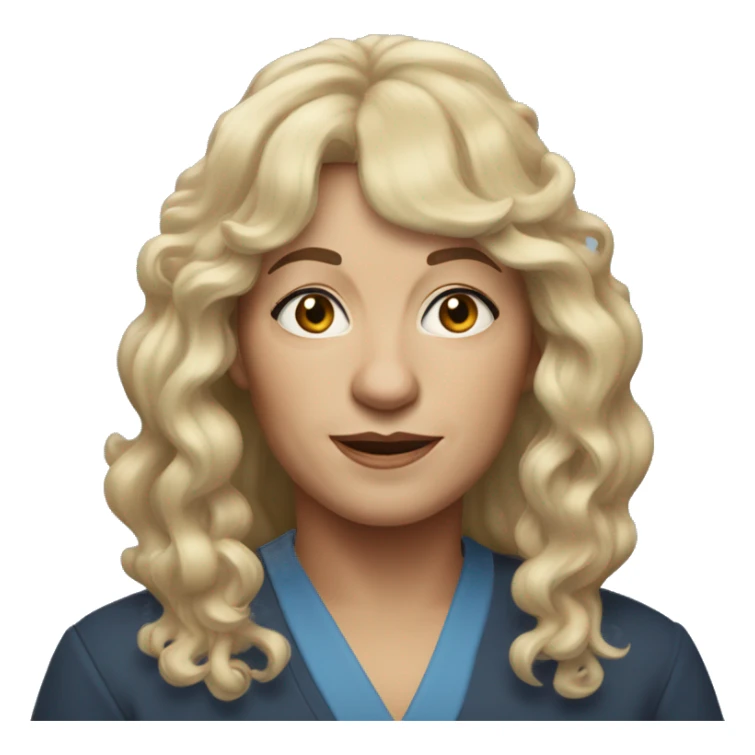 widow with blonde, shoulder length curly hair with bangs all across forehead, blue eyes,  60 years old, 180 pounds sticker
