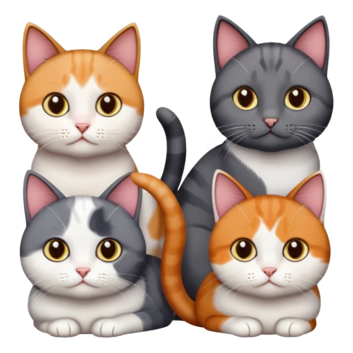 5 different coloured short haired cats including; a dark brown and white cat, and a dark grey and white, and a calico sticker